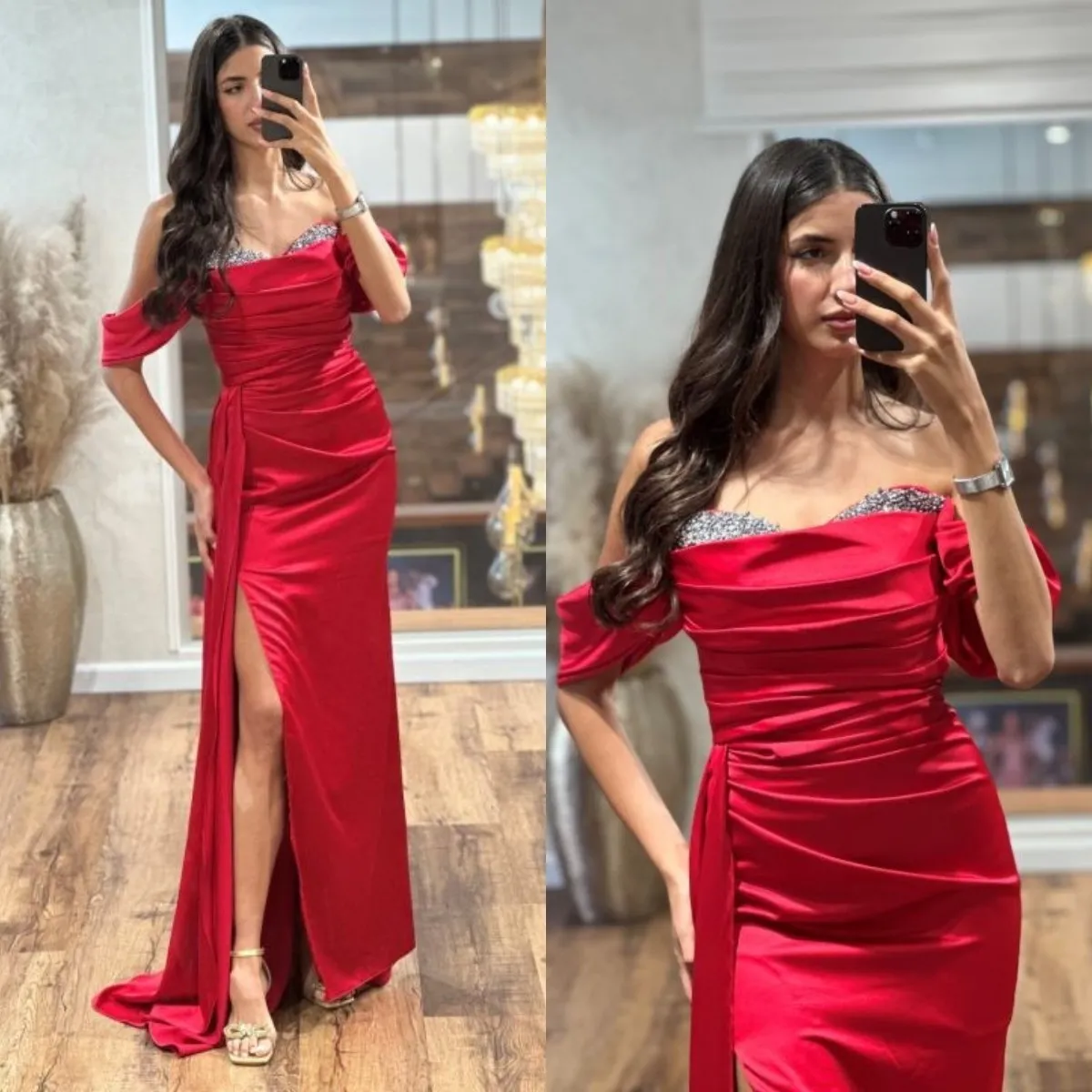 Elegante Rode Avondjurk Uit Schouder Kralen Kraag Feest Prom Jurken Plooien Split Formele Lange Jurk Voor Speciale Gelegenheid Van 139 73 DHgate