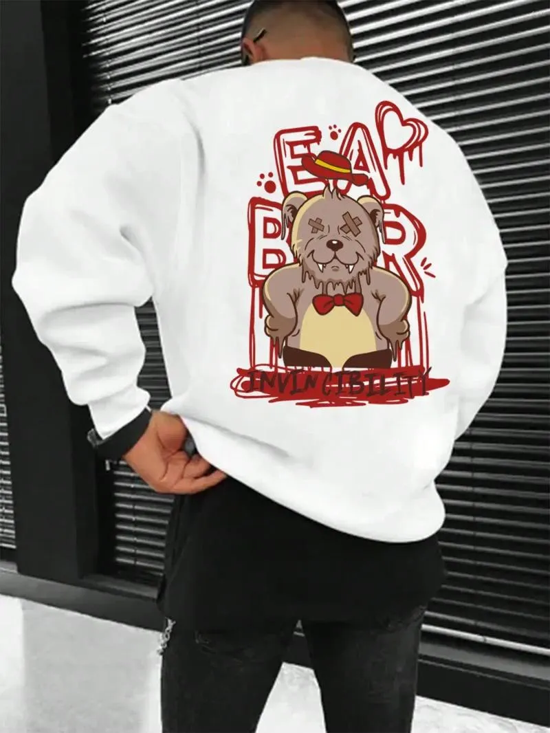 Męskie bluzy gniew kreskówki Akimbo Bear Wzór męski mody mody jesienne pulovery swobodne załogi sportowe odzież hip hop polar