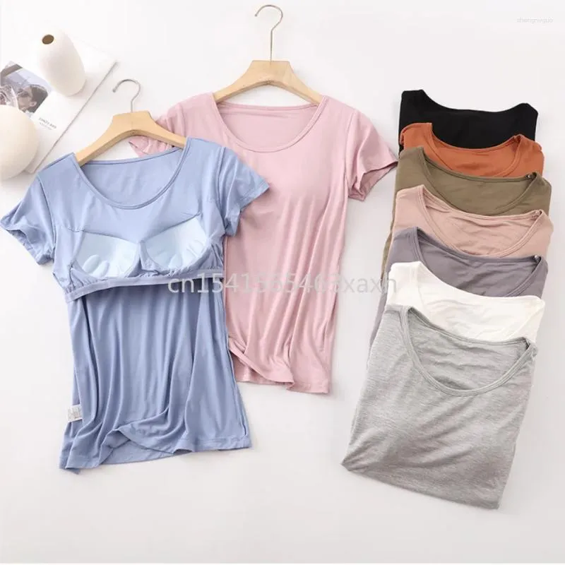 T-shirt pour femmes, haut avec coussinet de poitrine, soutien-gorge une pièce, tasse avec chemise Slim, T-shirt d'été