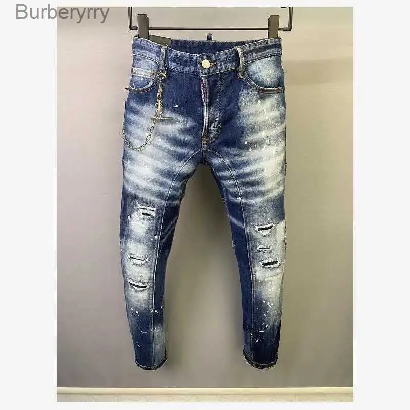 Men's Jeans Men's Trendy Casual Slim Moto Biker High Street Denim Fabric Pants Fashion Hole Spray Paint Jeans A506L231011