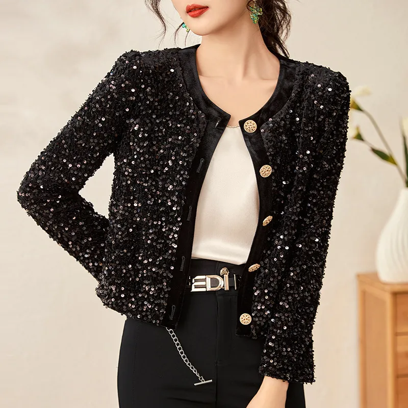 Kvinnorjackor Vintage Wool Black Jacket Fashion Runway Single Breasted Round Neck Sequin Loose Coat Casual Women High End Clothes
