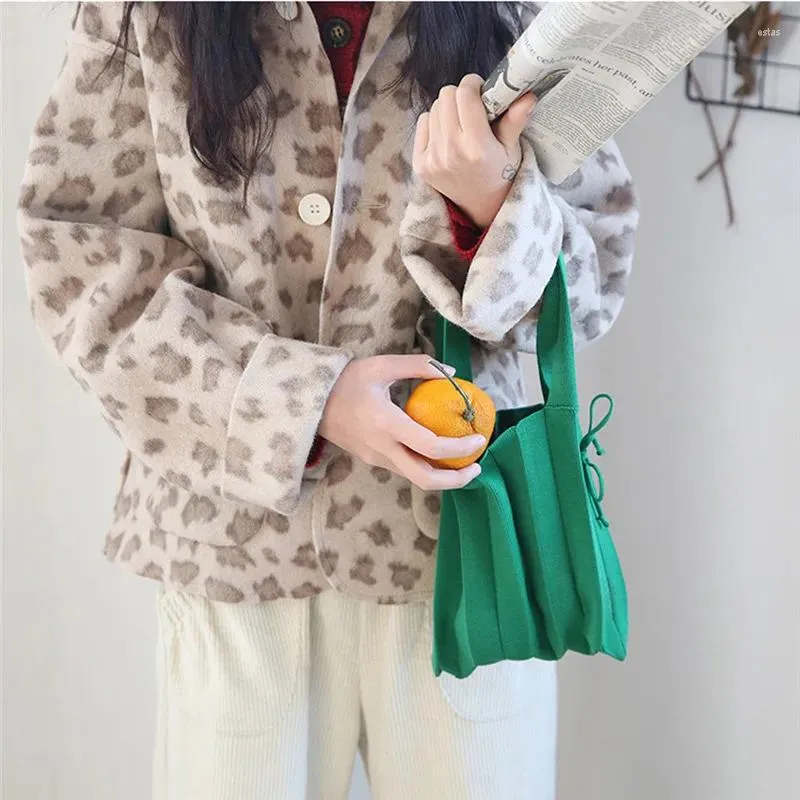 الأكياس المسائية نساء حقيبة اليد صوف الحياكة مطوي على الرباط الفتيات الفتيات السببية النسيج حقيبة اليد الكورية اليابانية أنيقة صغيرة صغيرة