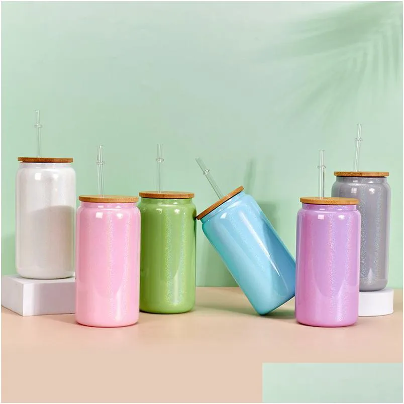 wholesale Sublimation Blanks Wholesale 16Oz Sublimation Blanks Iridescent Glass Can Tumbler Sparkling White With Bamboo Lid And St For Iced Coff Dhndp