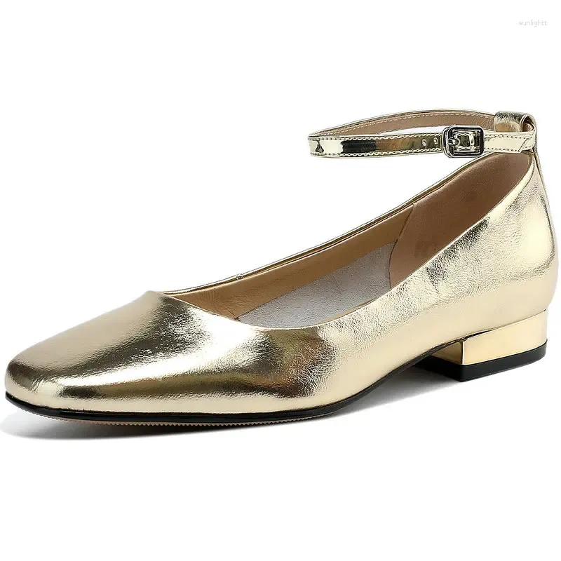 Sapatos de vestido 2023 mulheres bombas de couro genuíno escritório senhora mary janes de alta qualidade elegante estilo retro ouro prata 34-40