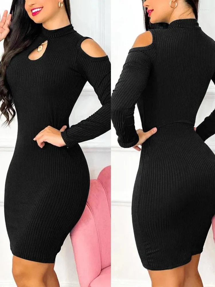 Casual Kleider Solide Sexy Aushöhlen Slim Fit Frauen Splice Mantel Regelmäßige Volle Hülse Mock Neck Kurze Paket Hüfte kleid Herbst