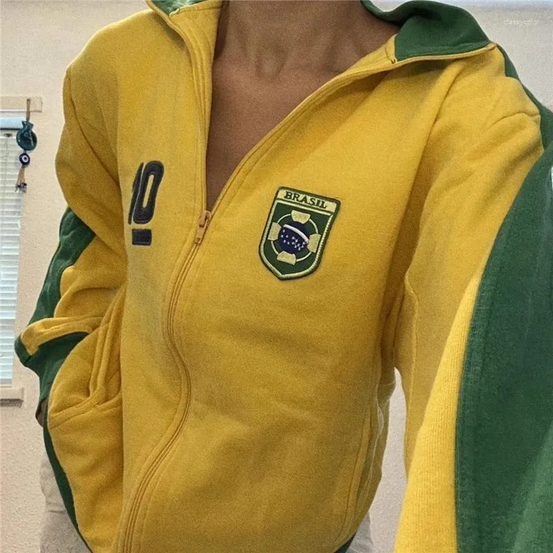 Damenjacken Xingqing Brasil Jacke Y2k Ästhetische Kleidung Frauen Brief Drucken Kontrastfarbe Patchwork Reißverschluss Langarm Mantel Tops