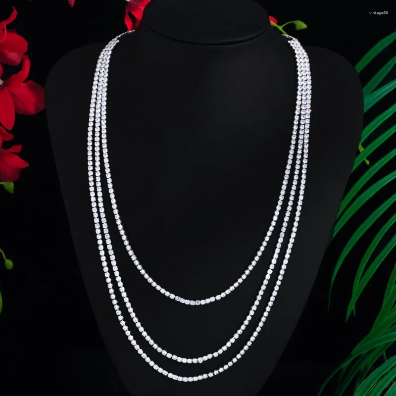 Chains CWWZircons Sparkling Multi Layered Round Cubic Zirconia Big Long Tennis Necklace For Women Wedding Party Costume Jewelry CP129