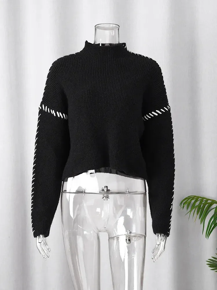 Damers Sweatere Kontrastfarve Strik O-hals Lange Ærmer Pullover Patchwork Løs Vintage Mode Sweater 2023 Efterår Casual Dame Strikvarer 231012