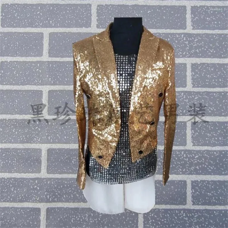 Herrenanzüge Gold Männer Smoking Designs Masculino Terno Bühnenkostüme für Sänger Pailletten Blazer Tanzkleidung Jacke Stern Stil Kleid