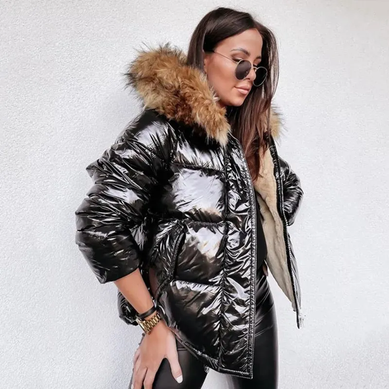 Women's Down Parkas 2023 Winter Luxury Shiny PU Loose Jacket Women Fur Collar Hooded Female Velvet Thick Warm Cotton Coats Oversized 231011