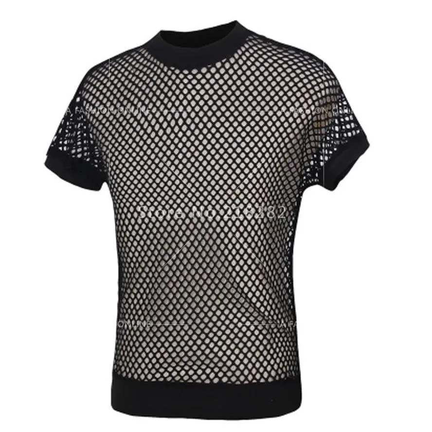 Whole-sNew Mode Sexy hommes Noir Résille TopsTransparent Hommes T-shirts Net Maille Gay See-Thru Chemise Drôle Undersh215Y