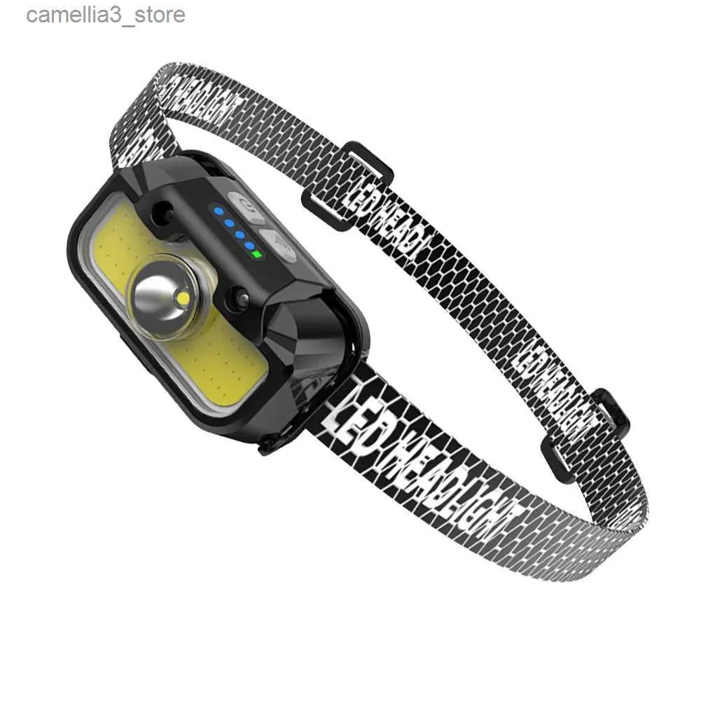 ヘッドランプLED LED COBヘッドマウント懐中電灯USB充電式屋外ヘッドライトハイキングのための軽量インテリジェントセンシングQ231013
