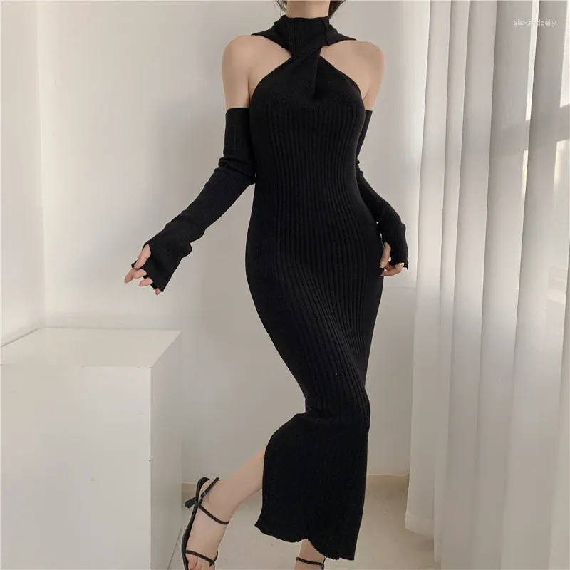 Casual Dresses Black Sexy Off Shoulder Slim Bodycon Kintted Long For Women Sleeve Turtlenecks Female Elegant Slit Party Dress 2023