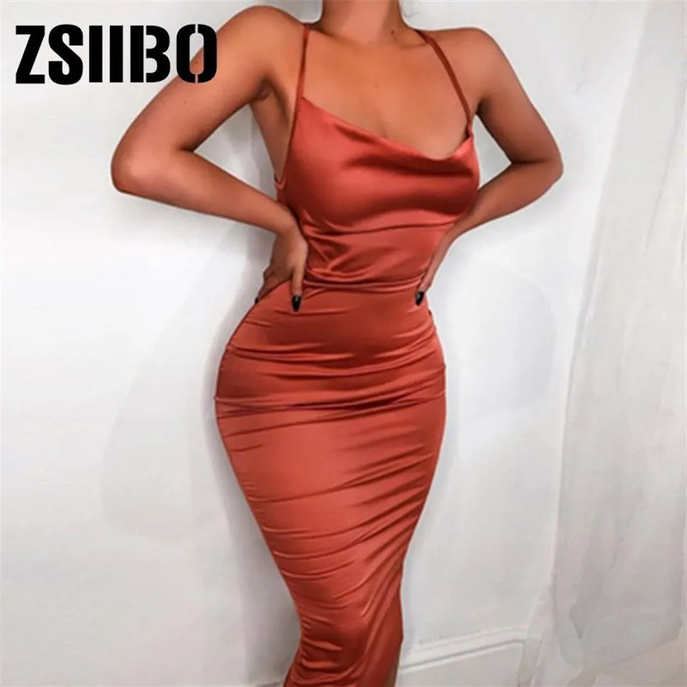 Neon Satin Lace Up 2019 Summer Women Bodycon Long Midi Dress Sleeveless Backless Elegant Party Outfits Sexiga klubbkläder Vestido232i