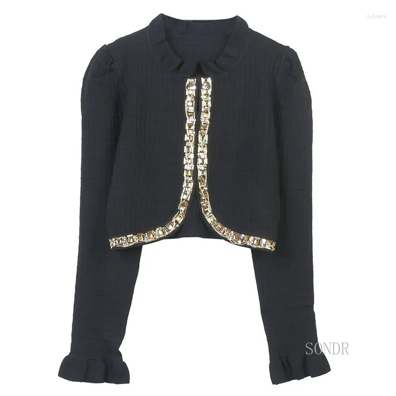 Women's Jackets Black Sweater Jacket With Beaded Ruffles Trim 2023 Autumn Winter Tops Women Contrast Gold Chain Short Celebrity Knitted