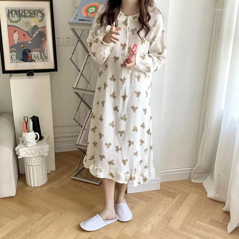 Vêtements de nuit pour femmes Femmes Nightgown Cartoon Bear Kawaii Coton Volants Double Couche Gaze Manches Longues Automne Printemps Chemises De Nuit Doux L738