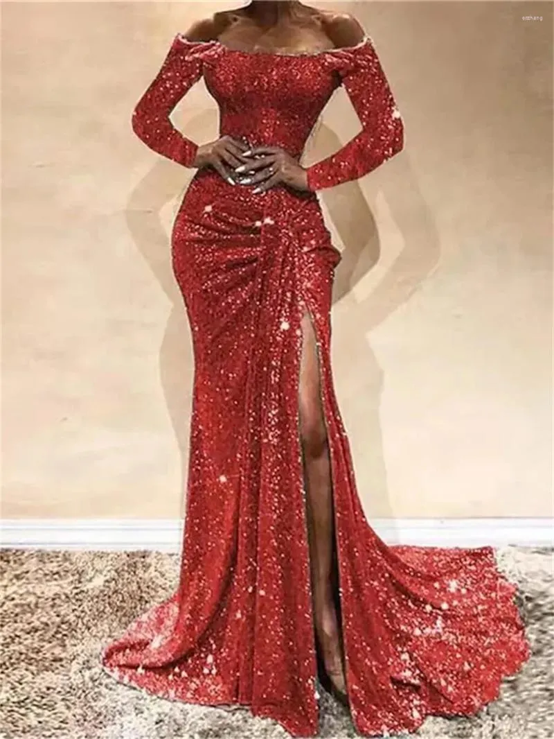 Robes de soirée Femme Gaine Longue Robe Paillettes Split Dentelle Lady Hors Épaule Sexy 2023 Brillant Plis Traînant Haute Fente Tempérament