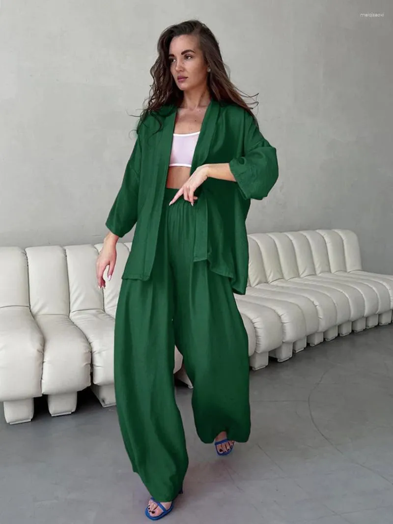 Mulheres Pijamas Marthaqiqi Solto Senhoras Nightwear 2 Peça Terno Sexy Com Decote Em V Manga Longa Camisola Calças De Perna Larga Causal Femme Pijama Conjunto