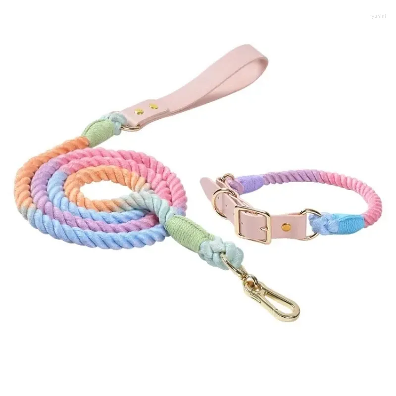 Dog Collars Pet Traction Rope Collar Set Handmade Braided Cotton Leash Leather For Medium Large Walking Training Lead