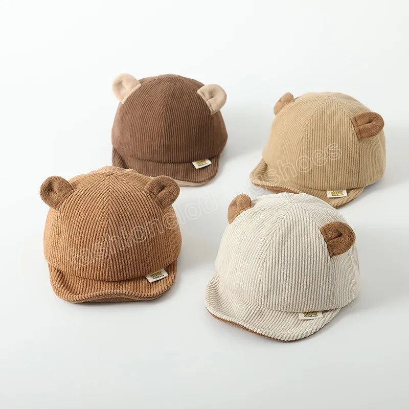 Ny corduroy baby hatt solid färg söt björn örat justerbar baseball mössor nyfödda småbarn pojke flicka sol hattar vinter vår