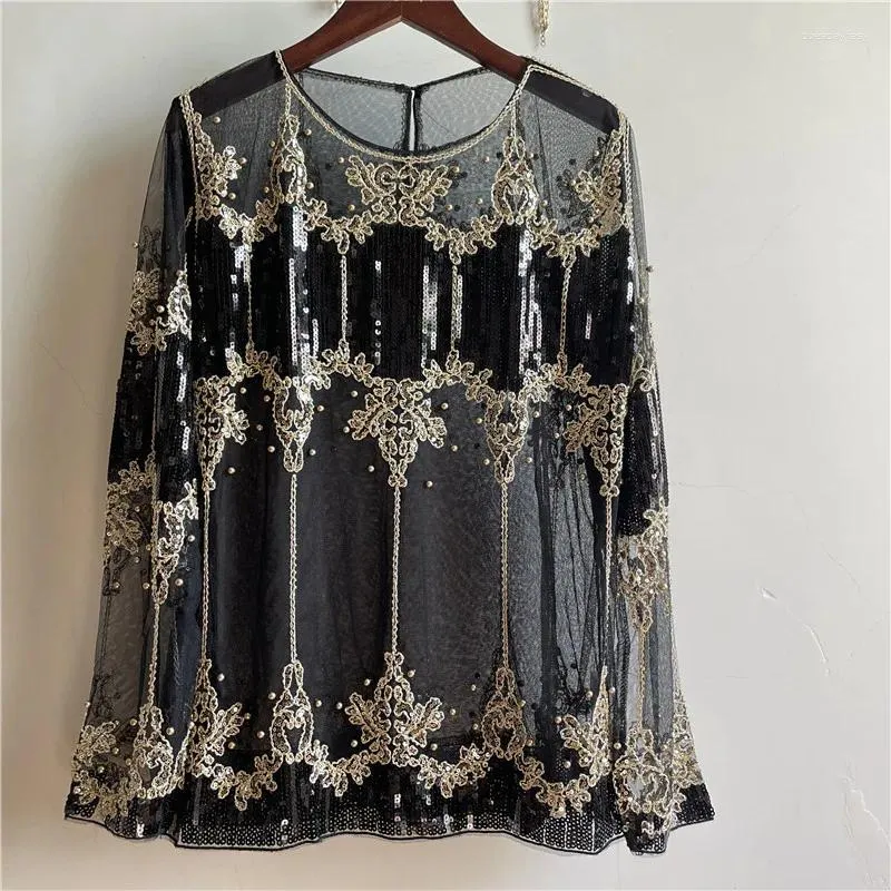 Women's T Shirts Women Spring Fashion Sexy O-Neck Long Sleeve Floral Sparkly Sequins Gauze Casual Versatile Undercoat T-shirt Black