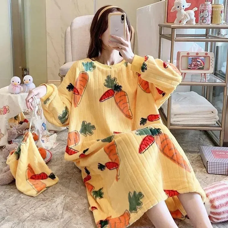 Women's Sleepwear Plus Size 6XL 150kg Winter Fleece Nightgown Dress Kawaii Cartoon Coral Thicken Keep Warm Pajamas Dresses