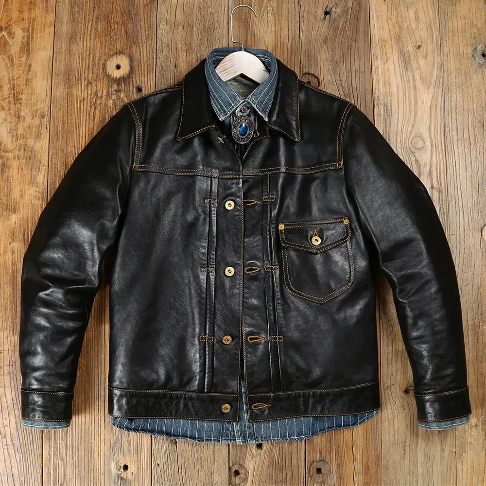 Herren-Leder-Kunstleder YR.Klassische, lässige Denim-Jacke aus echtem 506XX-Leder.Vollnarbiger, schwarz gegerbter Kalbsledermantel. Japanisch 231011