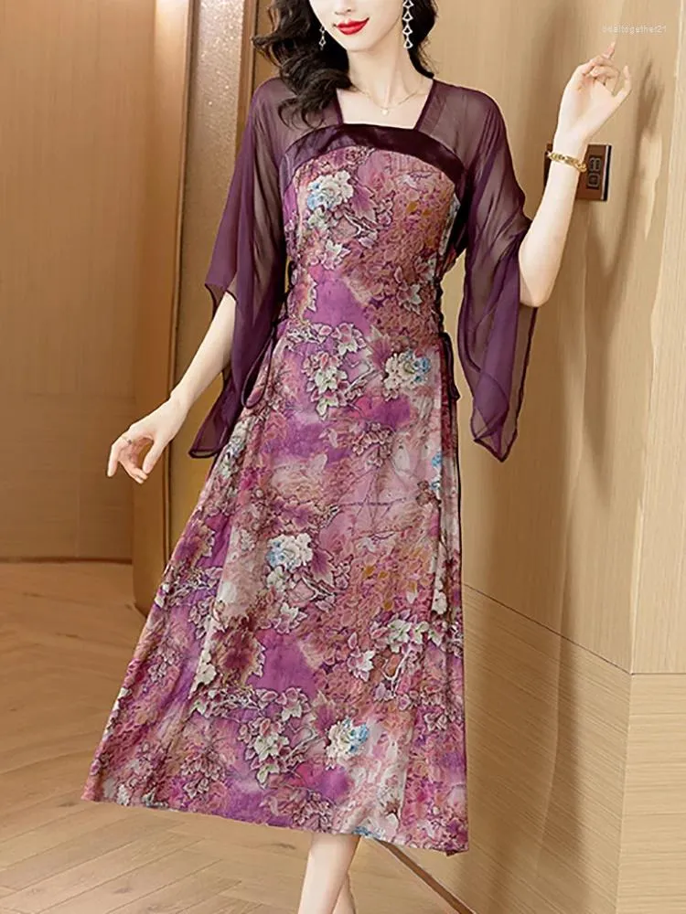 Vestidos casuais verão roxo floral seda retalhos batwing manga luxo vestido longo para mulheres 2023 coreano vintage elegante festa solta