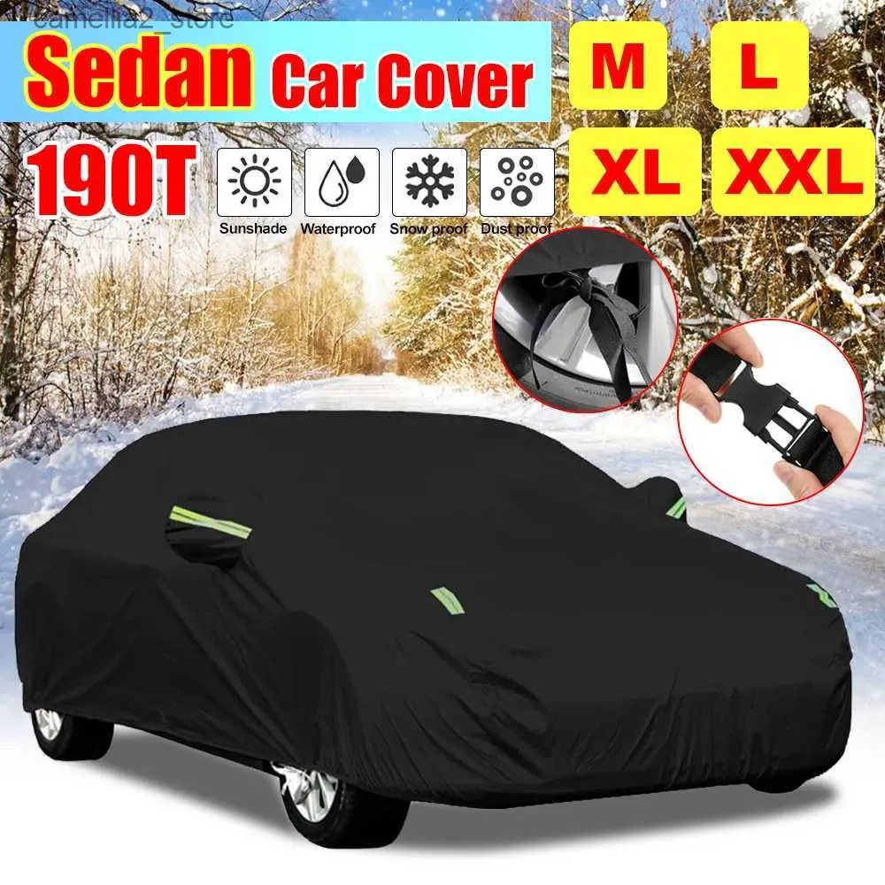 Bilskydd 190T Universal Full Black Auto Car Covers Outdoor Waterproof Sun Rain Snow Protection UV för Sedans Sunshade Covers M/L/XL/XXL Q231012