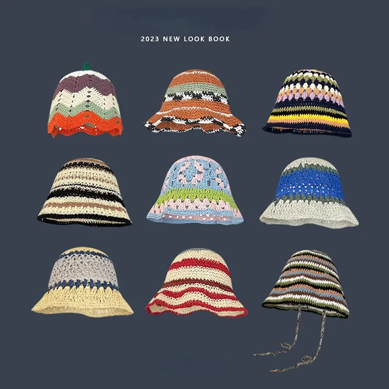 قبعات واسعة الحافة دلو القبعات اليابانية الرجعية جوفاء زهرة الصنع يدويًا قبعة متشابكة للسيدات في فصل الربيع الصيفي.