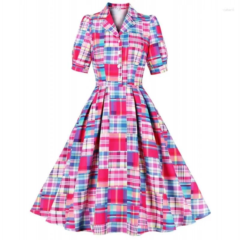 Sukienki swobodne Kobiety Przypnij Straż na druk siatki 2023 Summer krótkiego rękawa retro szata 60s 50s Vintage Rockabilly huśtawka vestido