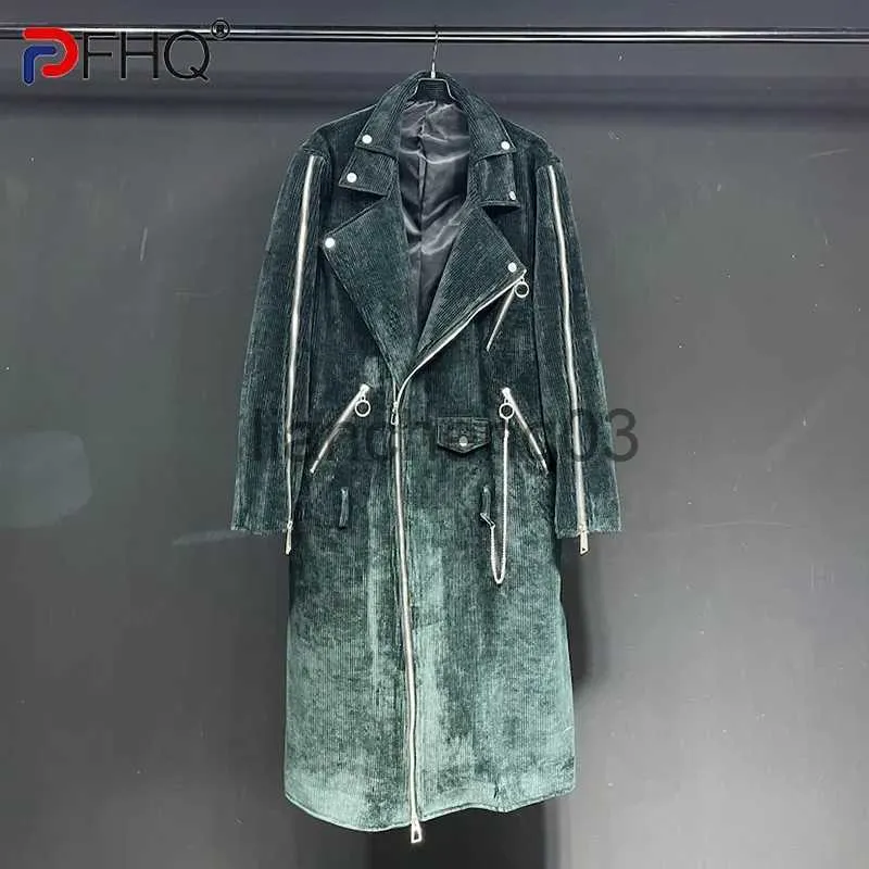 Men's Trench Coats PFHQ 2023 Spring Niche Design Original Men's Asymmetric Zipper Trench Long Coat Trendy Elegant Corduroy High Quality Windbreaker J231012