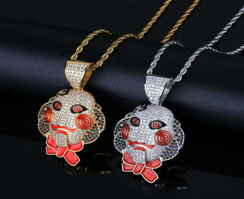 69 SAW Doll Head Maska Wisiant Naszyjnik Zakręcony z cyrkonu Hip Hop Gold Srebrny Kolor Mężczyźni Kobiety Charms Łańcuch biżuterii 8964756