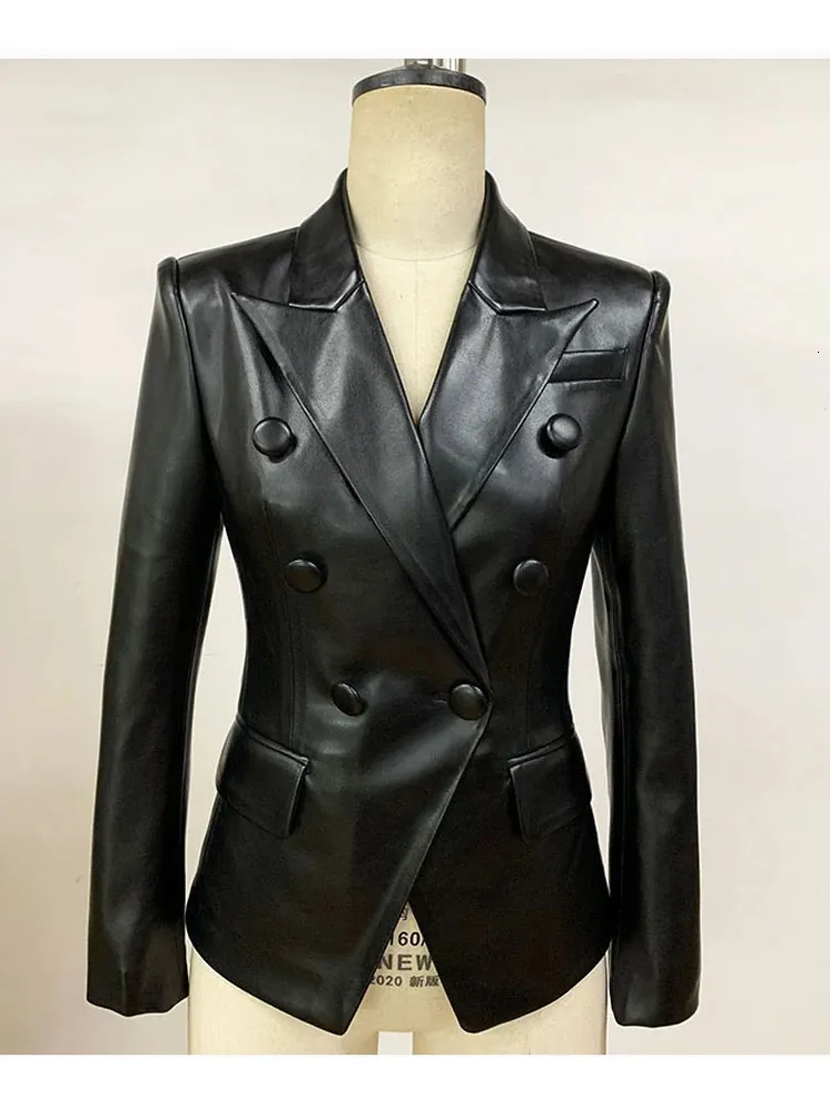 Kvinnors kostymer Blazers Utmärkt kvalitet Est Stylish Runway Designer Jacket Women's Slim Fiting Double Breasted Faux Leather Blazer 231011