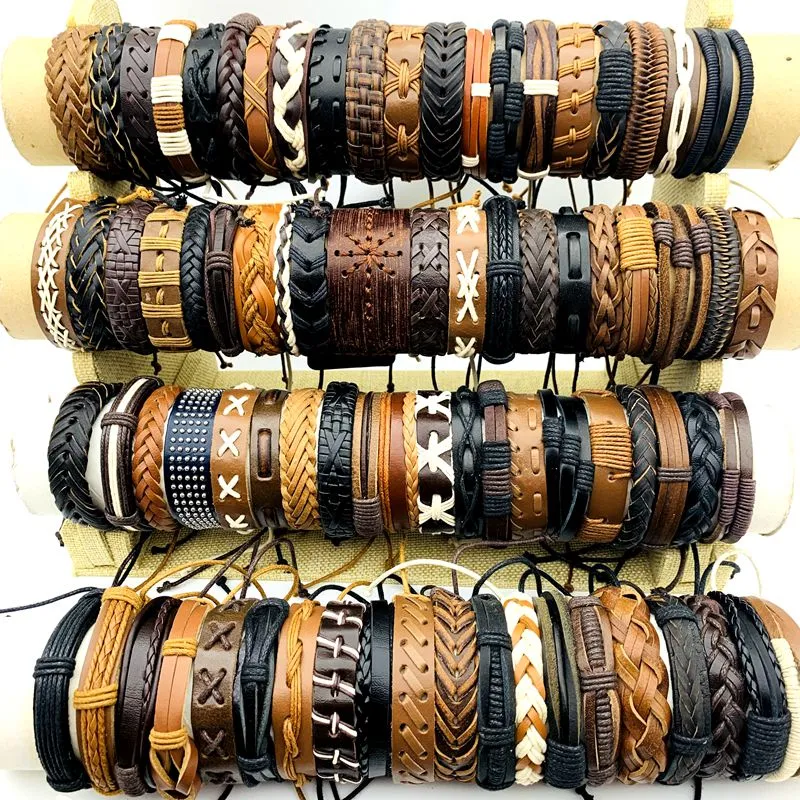 Partihandel 100st retro manschettarmband handgjorda läder mode smycken armbanden armband svarta bruna multicolors diverse stilar