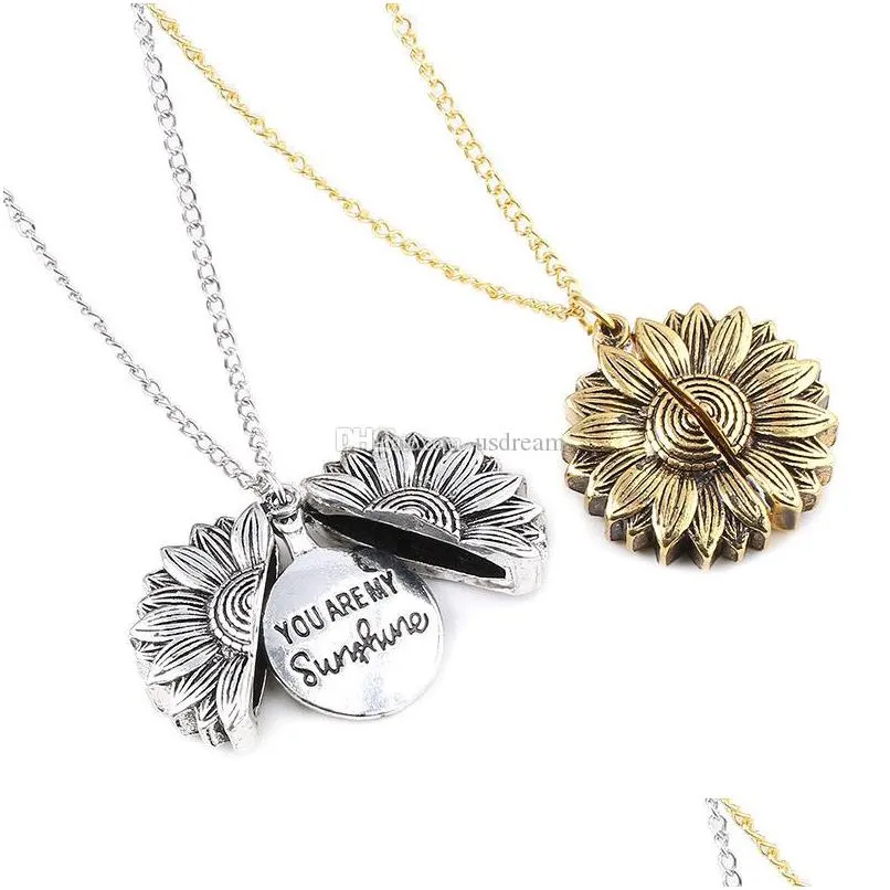 Anhänger-Halsketten mit Gravur „You Are My Sunshine“, Sonnenblumen-Medaillon-Anhänger-Halskette, Modeschmuck, Damen-Halsketten, Will und Schmuck, Halsschmuck Dhsdz