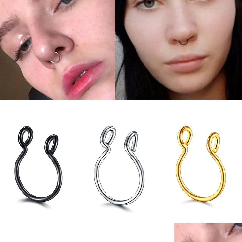 2/10Pcs Stainless Steel Fake Piercing Clip On Nose Ring Hoop Septum Rings For Women Non-Pierced Body Jewelry Dhgarden Ot78K