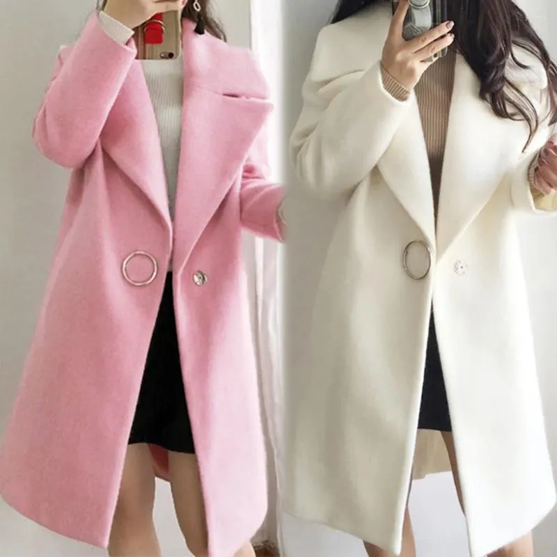 レディースジャケット韓国のドンダムン高品質の服ソリッド長袖ウールウール布ミディアムレングスコートジャケット女性プラスサイズ