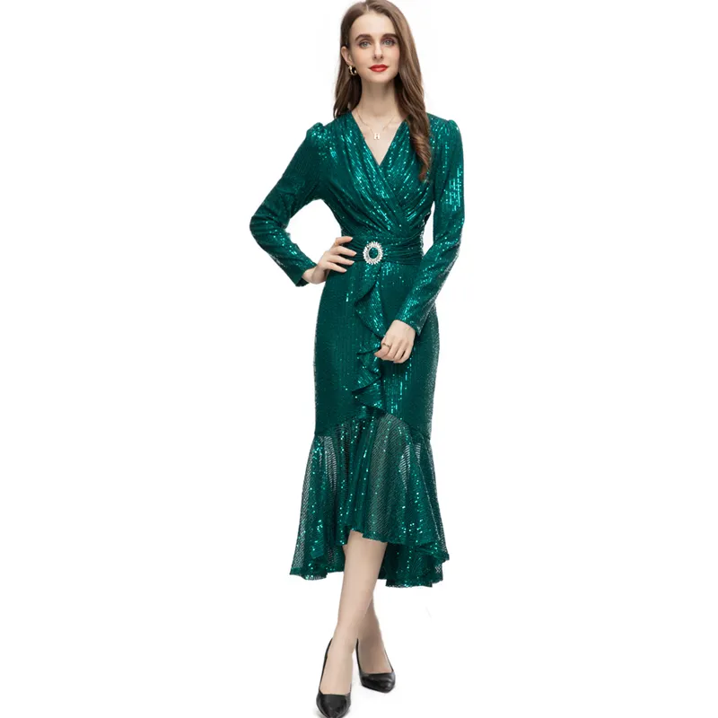 Women's Runway Dresses V Neck Long Sleeves Ruched Sheath Mermaid Sexy Fashion Elegant Fashion Designer Vestidos