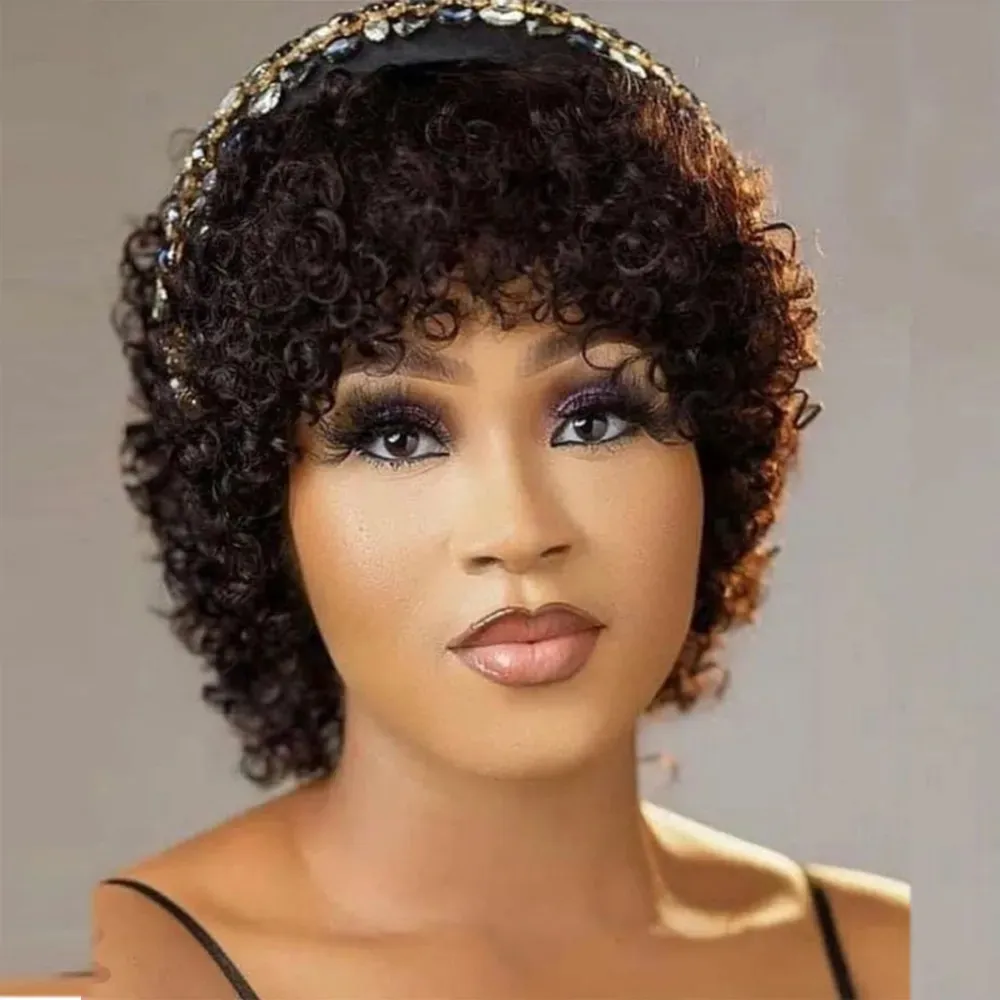 Synthetic Wigs 8 Inch Short Pixie Curly Bob Wig with Bangs Brazilian Human Hair Bouncy Curl Wig for Women Ready to Go Wig 231012