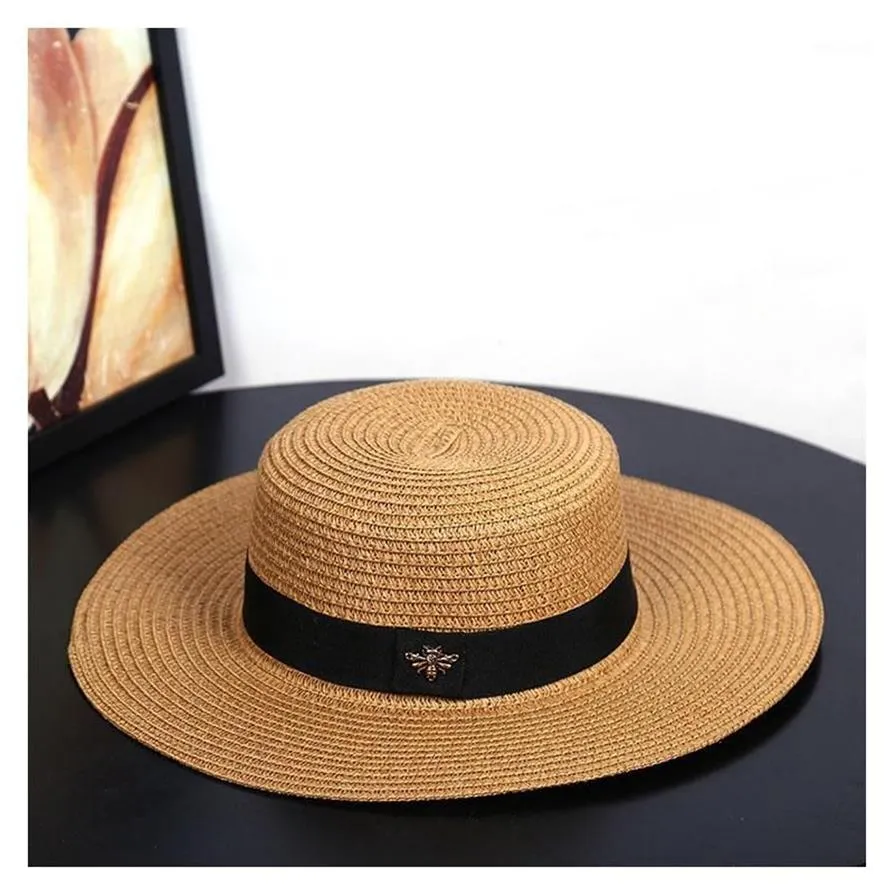 Wide Brim Hats Sun Small Bee Straw Hat European And American Retro Gold Braided Female Loose Sunscreen Sunshade Flat Cap Visors Ha3147