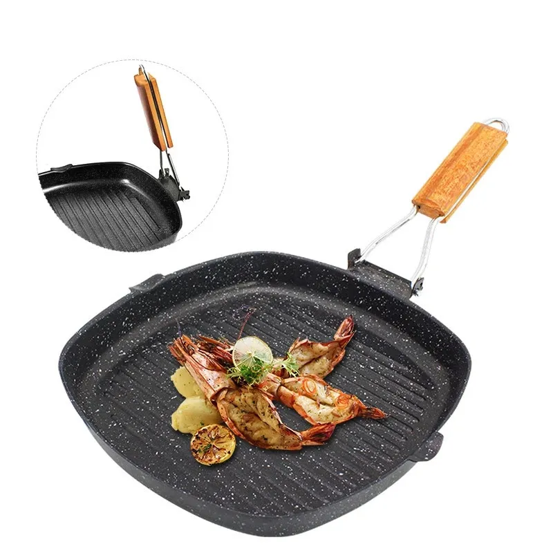 9 inch Non Stick Coating Grill Pans Folding Handles Nonstick Skillet Frying Pan Steak Egg Camping Picnic Home Cookware Q640