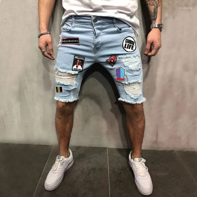 Jeans da uomo Uomo Colore puro Buco rotto Pantaloncini da cowboy Elastico Strappato Skinny Ricamo Stampa Casual 2023 Cartoon Slim Fit Denim Short