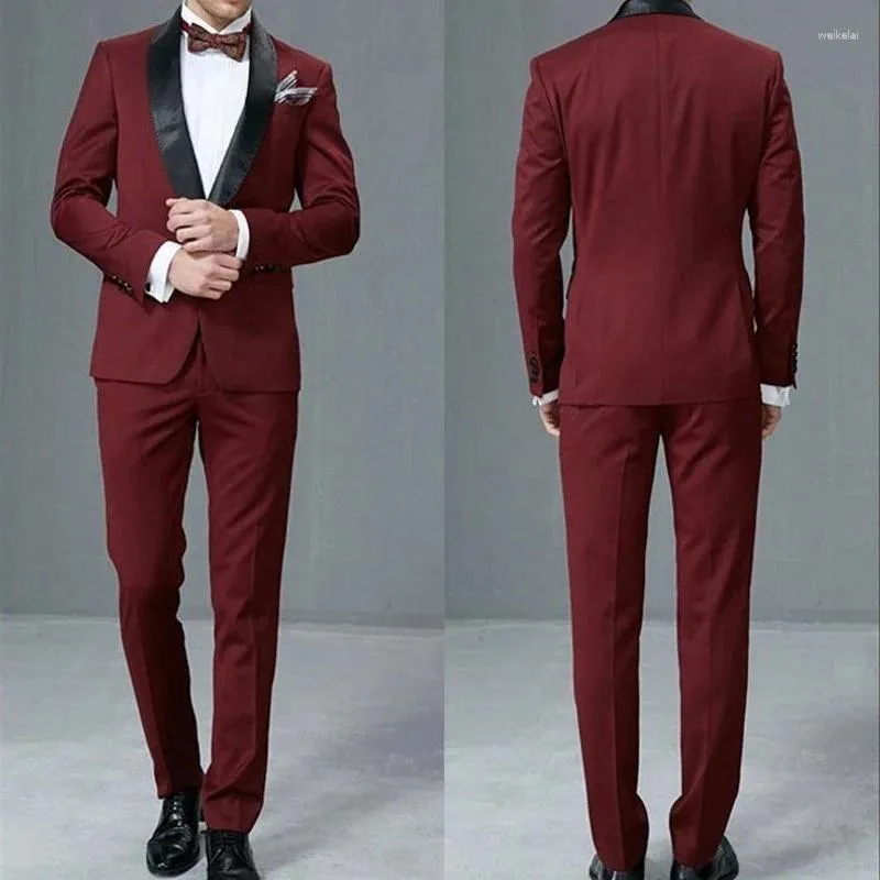 Men's Suits Burgundy Blazer Terno Hombres Men Black Shawl Lapel Single Breasted Formal Clothing Two Piece Jacket Pants Custom Made