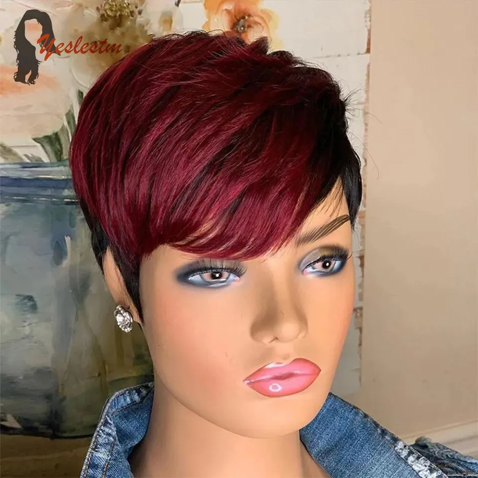 Perruques synthétiques Ombre 1B/99J rouge Pixie coupe courte Bob perruques pour femmes Remy cheveux humains brésilien droite perruque de lutin avec frange pleine Machine faite 231012