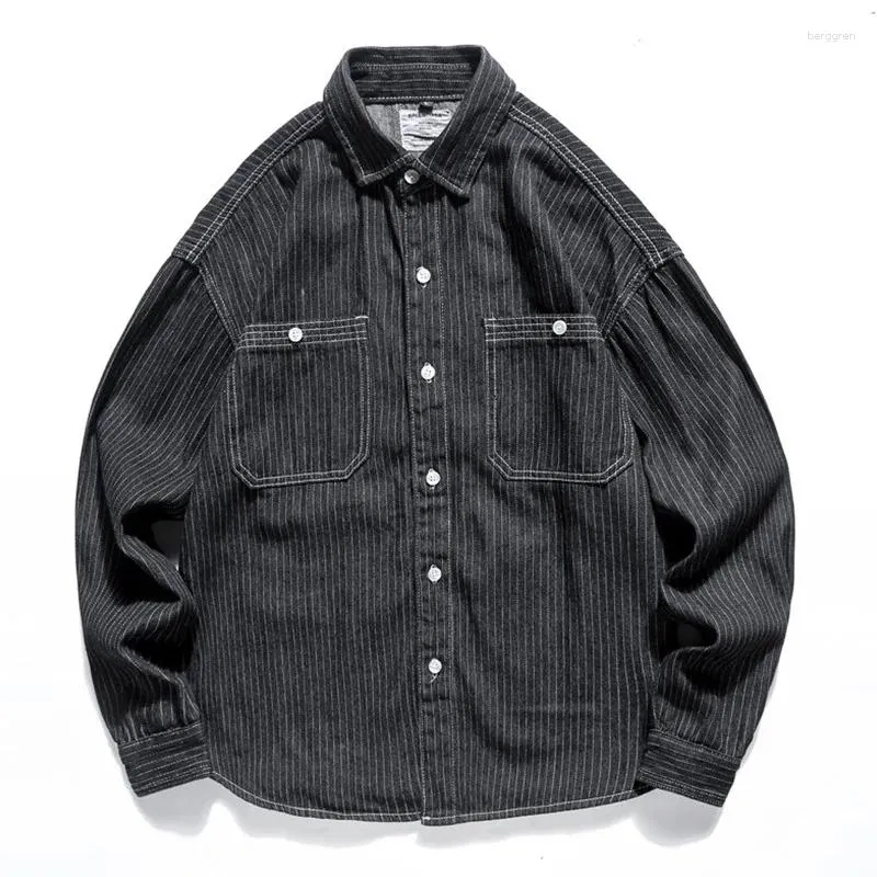 Chemises décontractées pour hommes Chemise en denim rayée à manches longues Automne Mode surdimensionné Japonais Noir Mâle Cargo Jean Plus Taille 5XL