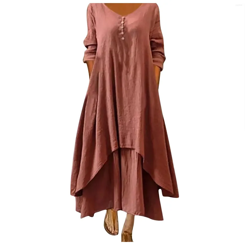 Casual klänningar 2023 Kvinnor Summer Linen O-Neck Dubbelskikt Knappad loog asymmetrisk maxi Elegant vintage oregelbunden