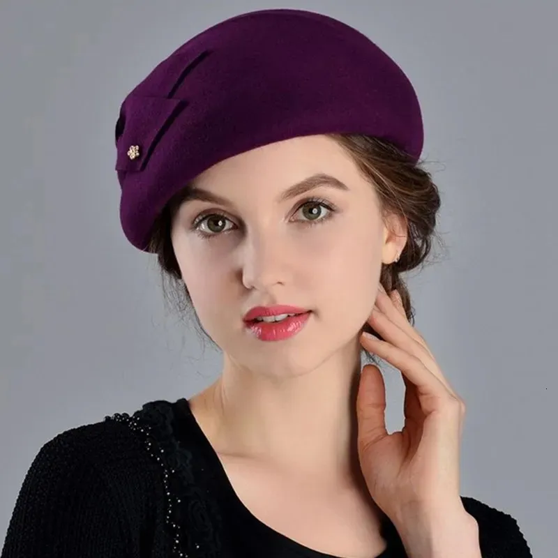 Береты Французские береты Шапки для женщин Мода 100% шерсть Фетровая шляпа Зимняя синяя фиолетовая красная церковная женская винтажная шляпа-клош 231012