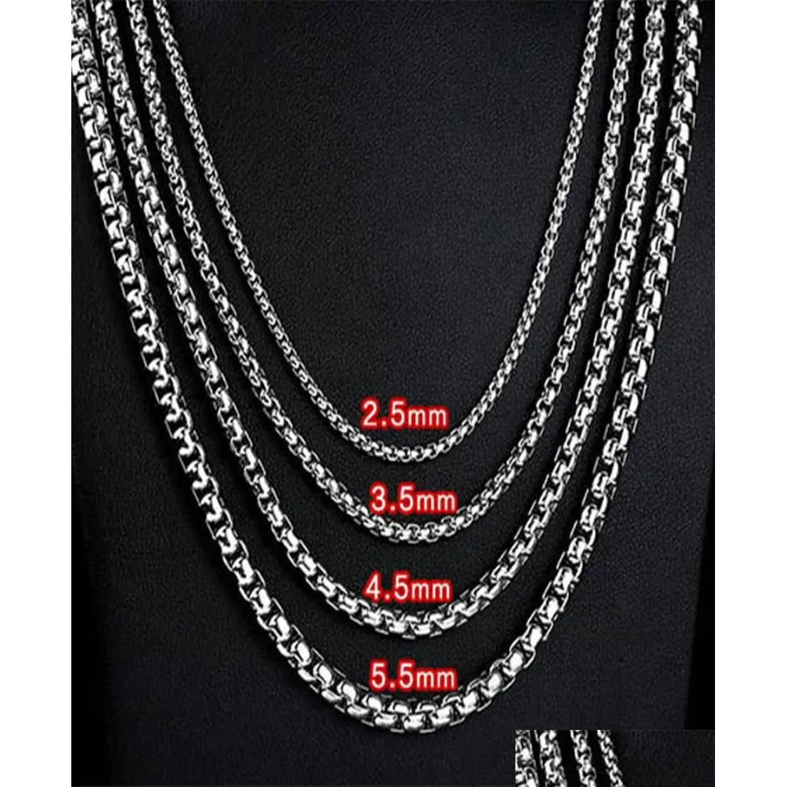 Cadenas 2,5 mm-5,5 mm Collar de acero inoxidable Rolo Twist Chain Link para hombres Mujeres 45 cm-75 cm de longitud con Veet Bag2902108 Collar de joyería Dhgft