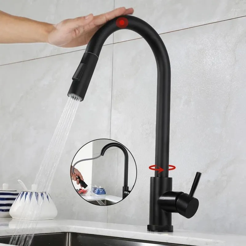 Rubinetti da cucina Rubinetto con sensore nero Miscelatore a induzione intelligente in acciaio inossidabile Lavello con controllo touch 2 modalità e acqua fredda